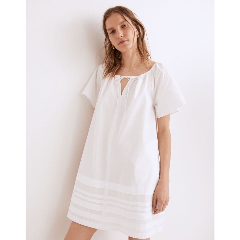 MADEWELL Poplin Flutter-Sleeve Pintuck Mini Dress XS White Tie Neck Easy  NWT B2